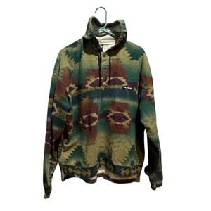 Vintage No Fear Green Aztec Print Hooded Pullover 90s Multi Color 1/4 Snap Sz L